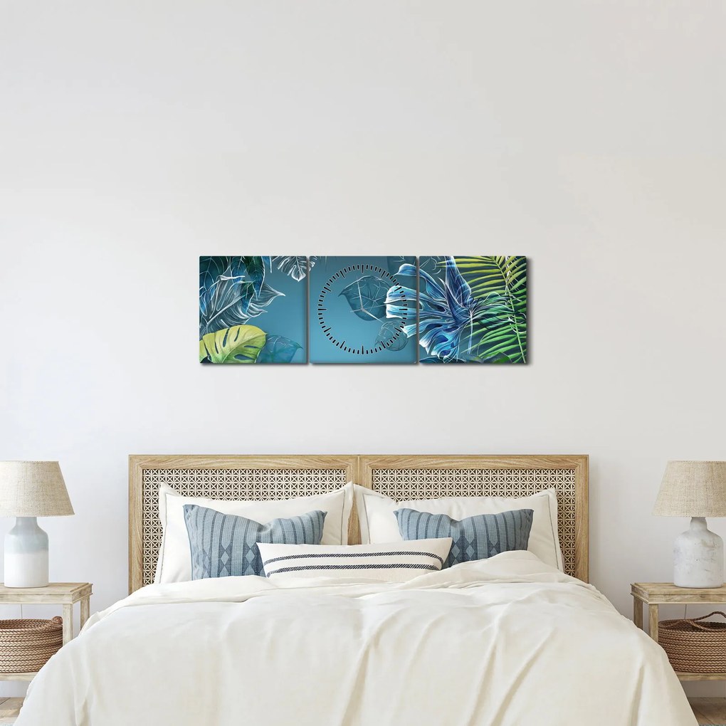 Obraz - Liście roślin tropikalnych (z zegarem) (90x30 cm)