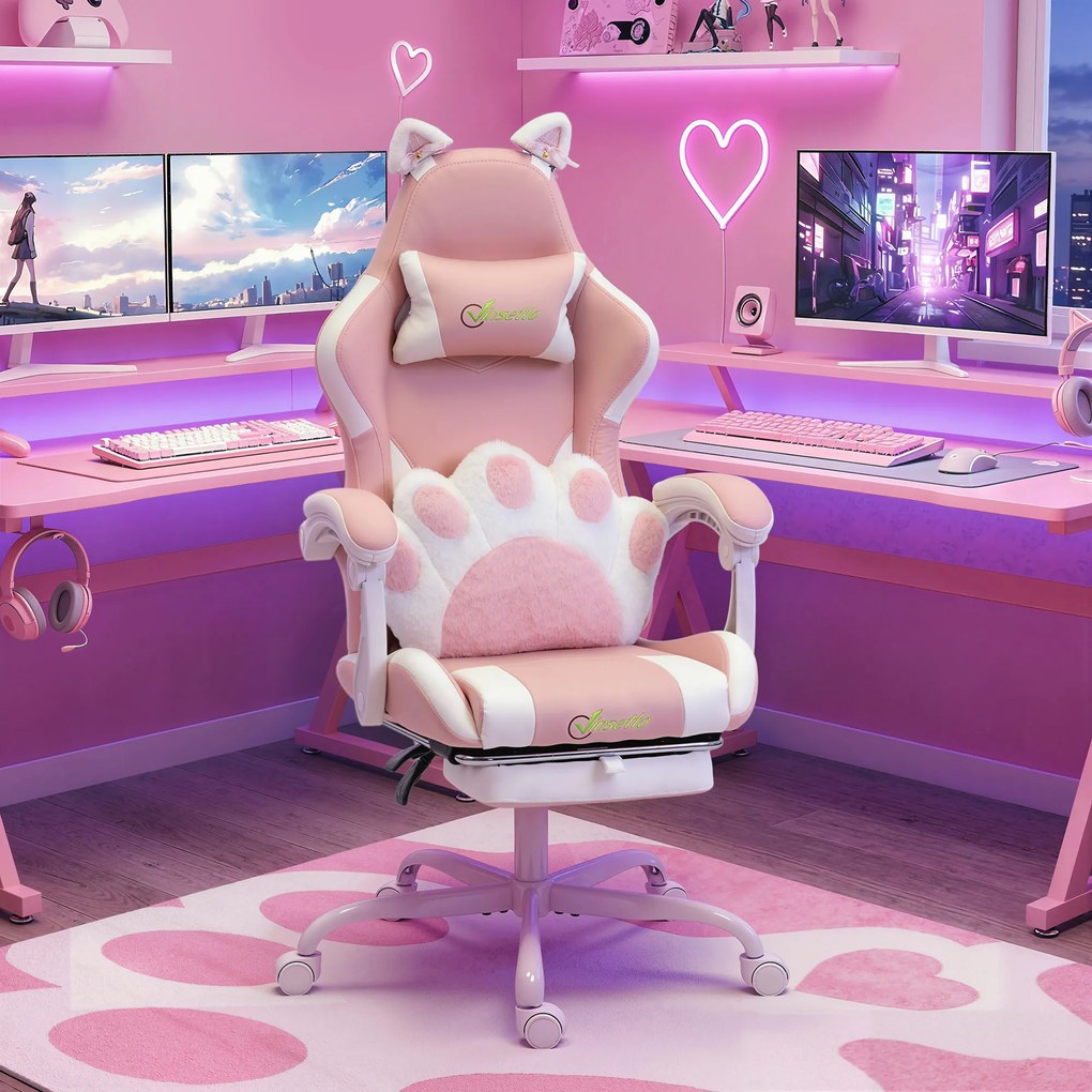 Vinsetto Ergonomiczny Fotel Gamingowy z Uszami Kota, Lędźwiowym Podparciem, Podnóżkiem i Zagłówkiem, Ekoskóra, Różowy | Aosom PL