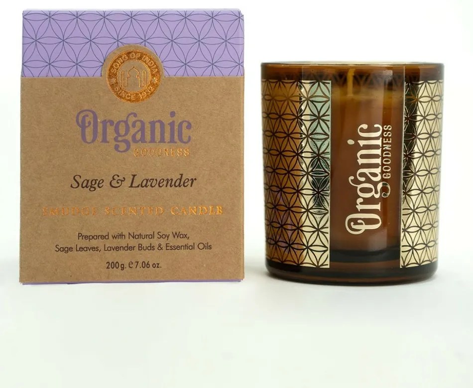Organiczna świeca kadzidlana Sage &amp; Lavender200 g w szklanym pojemniku ze złotą folią