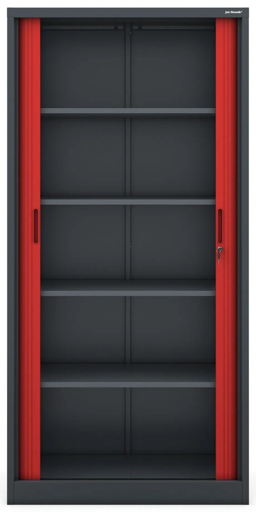 Metalowa szafa biurowa na akta z roletą DAMIAN, 900 x 1850 x 450 mm, antracytowo-czerwona