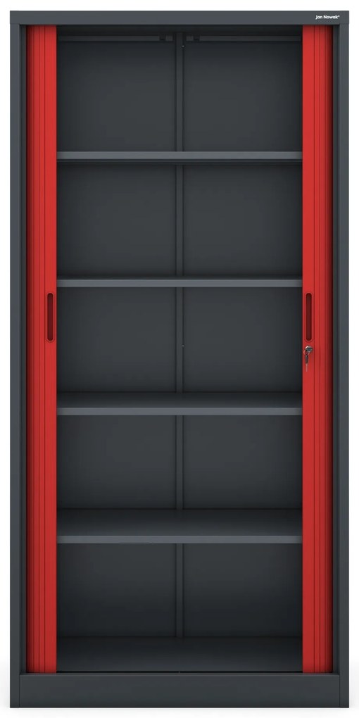 Szafa biurowa na dokumenty z roletą metalowa antracytowo-czerwona, 900x1850x450 mm: DAMIAN