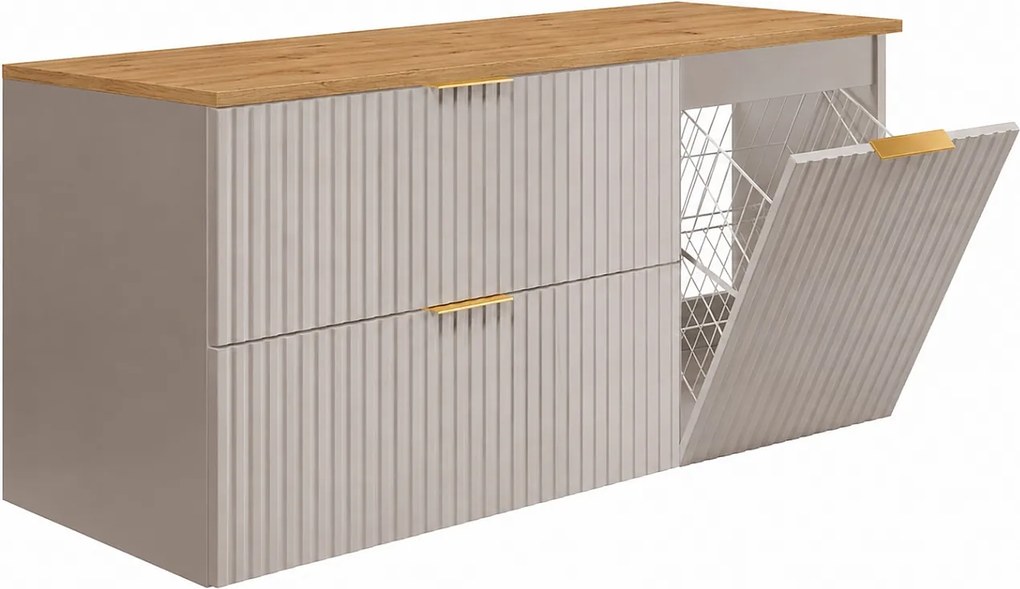 Zestaw mebli łazienkowych z koszem i blatem, złote uchwyty, kaszmir/jasny dąb, 120 x 46 x 58,6 cm