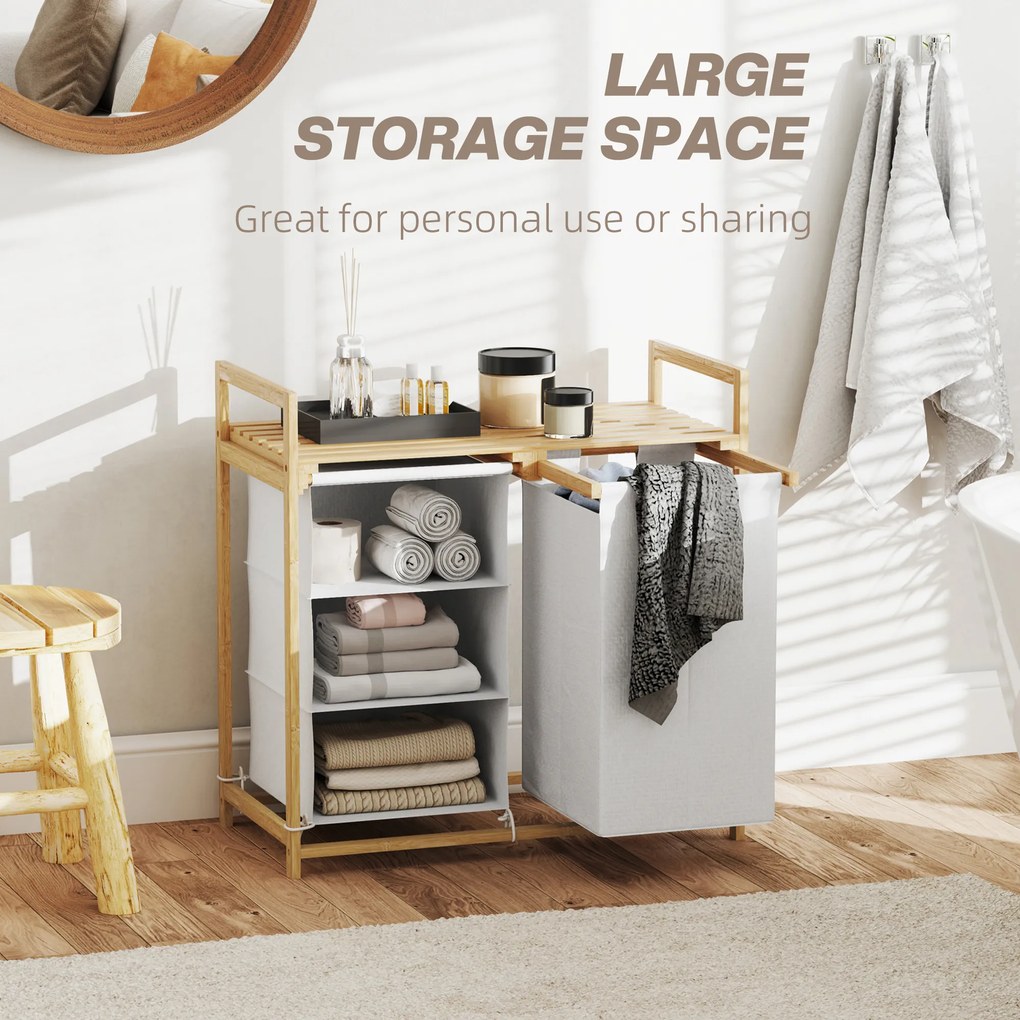 HOMCOM Kosz na pranie z workiem na pranie, szufladą na akcesoria, bambus, 70x36x70 cm, Biały/Drewno