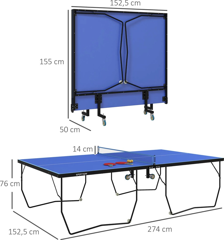 SPORTNOW Stół do Tenisa Stołowego, Składany, 8 Kół, Rama z Malowanej Proszkowo Stali, MDF, 274 x 152,5 x 76 cm, Niebieski