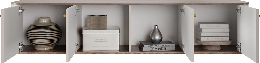 Szafka RTV wisząca Vesper 4D 187 cm - kaszmir / orzech / złote uchwyty