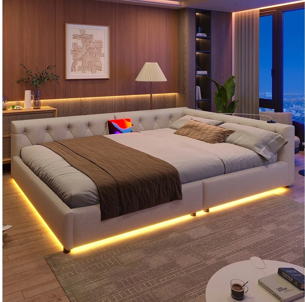 Sofa dziecięca rozkładana - 140 x 200 cm - z diodami LED + zagłówek + USB + Typ C - len - beż