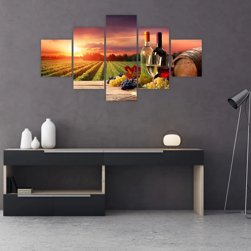 Obraz winnicy z winem (125x70 cm)