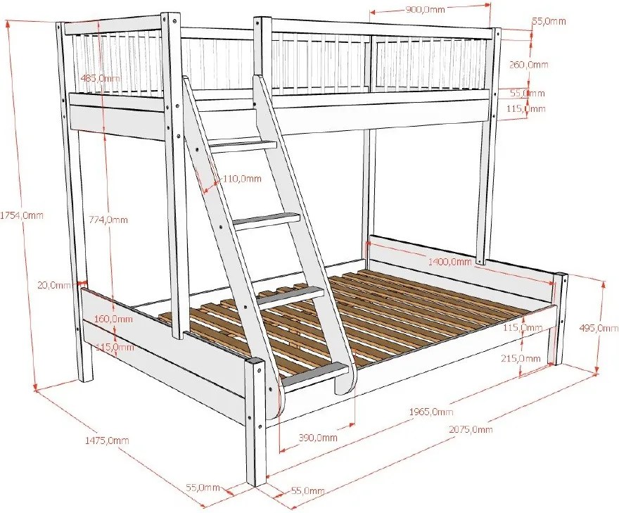 Białe piętrowe łóżko dziecięce z litego drewna bukowego ze stelażem 140x200/90x200 cm Forrest – Vipack