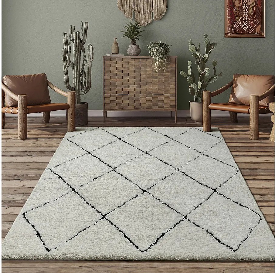 Dywan Bahar Shaggy nowoczesny wzór rombów, czarno-biały, 200 x 290 cm