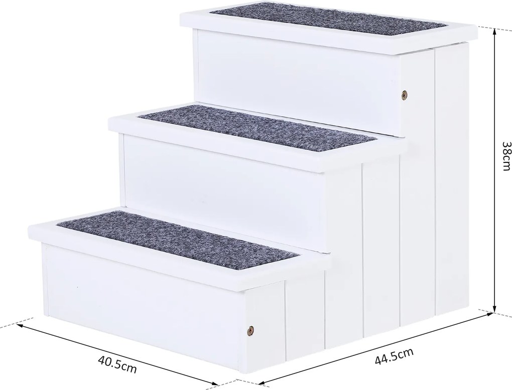 PawHut Schody dla Zwierząt Domowych z Wykładziną Dywanową Schowek Drewno Sosnowe Biały | Aosom PL