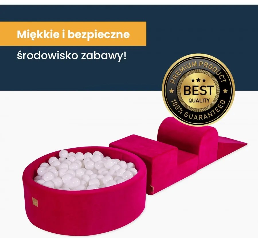 Piankowy zestaw do zabawy z suchym basenem 90x30cm/200 piłek 7cm, plac zabaw dla dziecka, 4 elementy, welurowy, ecru, piłki: białe, transparentne - meowbaby®
