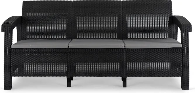 Sofa Ogrodowa FLINT Technorattan Czarna Trzyosobowa