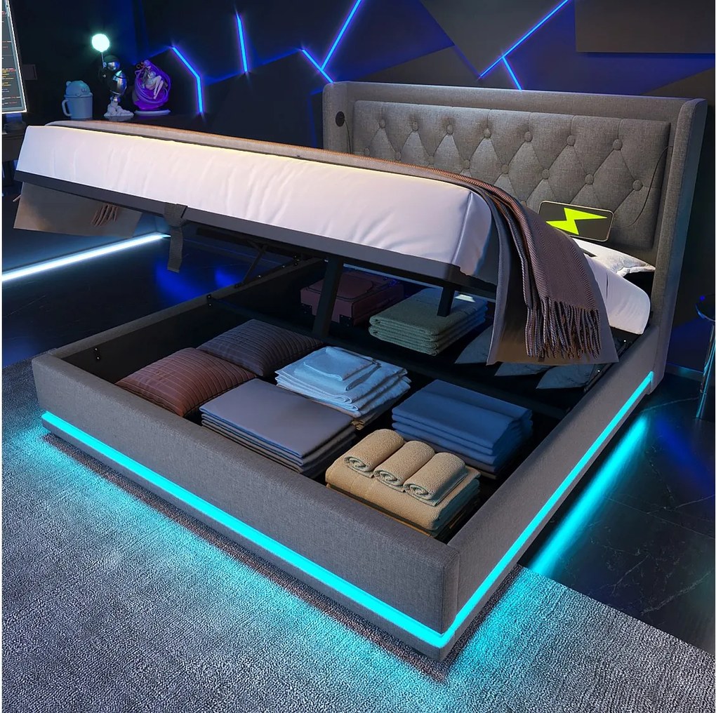 Łóżko ze schowkiem 180 x 200 cm, szara bawełna, z diodą LED i portem USB, bez materaca