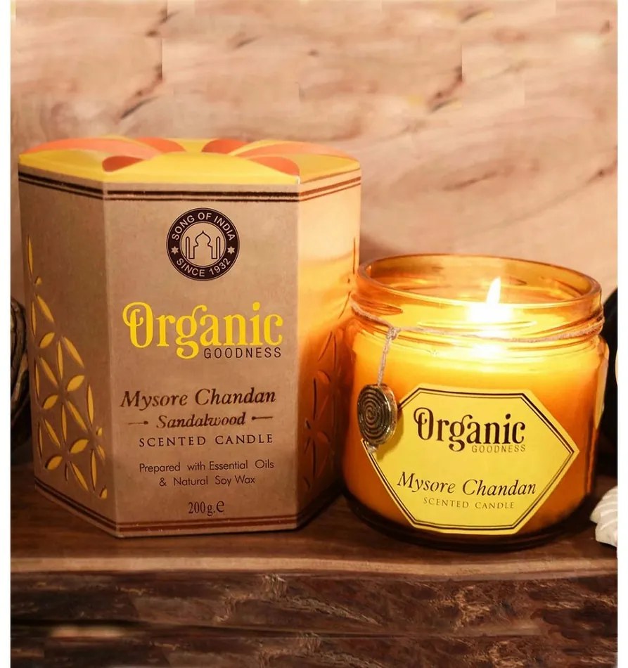 Świeca organiczna Mysore Chandan - drzewosandałowe 200 g w bursztynowym szkle