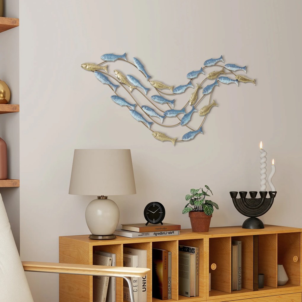 HOMCOM Sztuka ścienna z metalu, motyw ryb, odporna na rdzę, nowoczesny styl, elegancka, Jasnoniebieski | Aosom PL