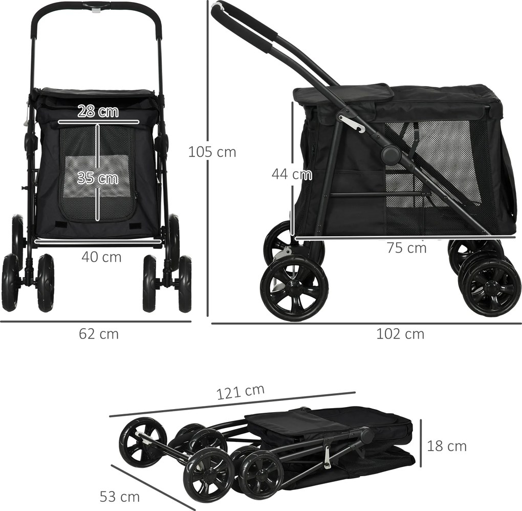 Outsunny Wózek dla Psa z Poduszką 3 Kieszenie Składany do 20kg Czarny | Aosom PL