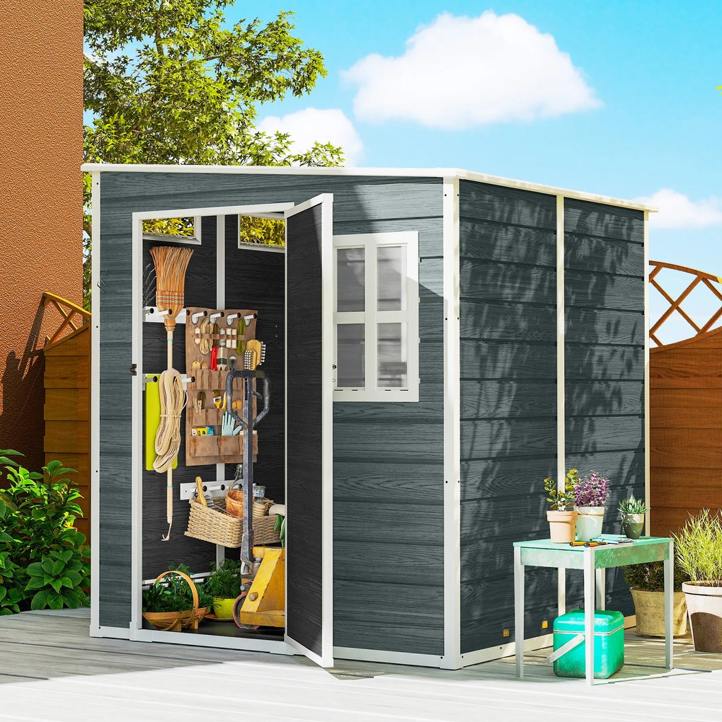 Outsunny Domek ogrodowy 2,89 m² z wyglądem drewna, 3 okna, wentylacja, podłoga, zamek, rękawice, 182 x 182 x 196 cm | Aosom PL