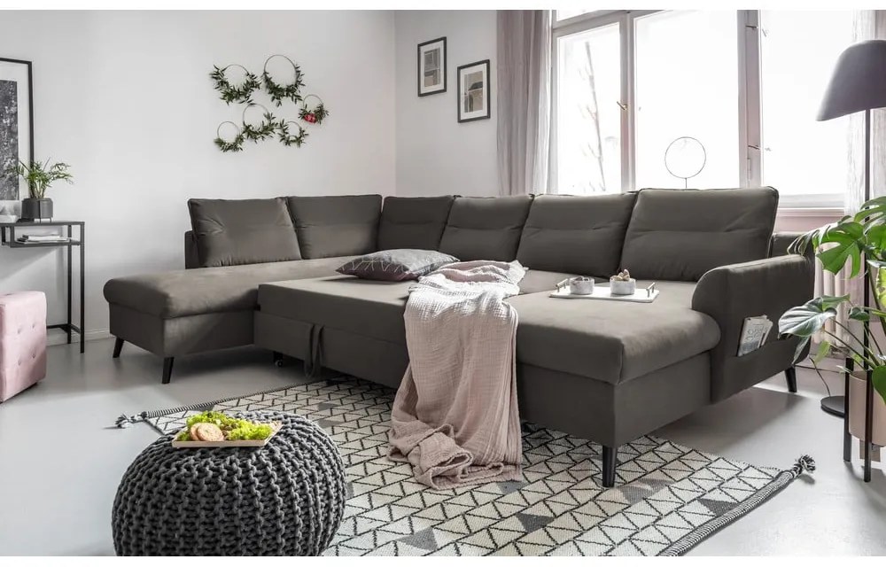 Ciemnoszara aksamitna rozkładana sofa w kształcie litery "U" Miuform Stylish Stan, lewostronna