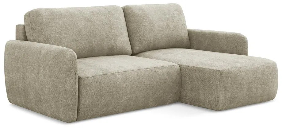 Beżowy narożnik rozkładany z tkaniny szenilowej ze schowkiem (prawostronny/z szezlongiem) Lilo – Makamii