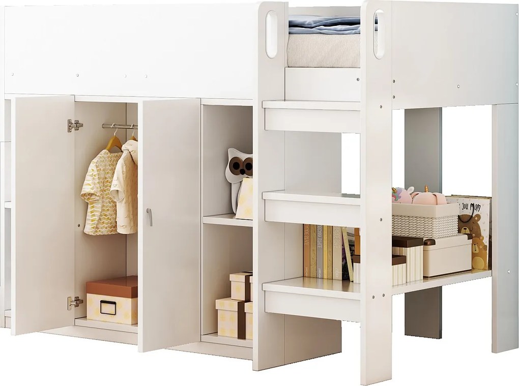Łóżko dziecięce 90x200 cm - z szafą + półkami - z drabiną - białe (bez materaca)