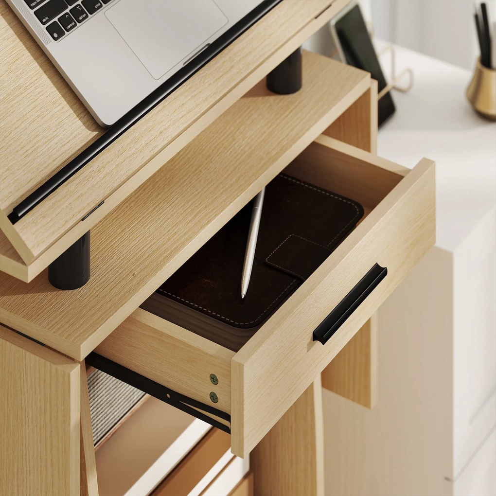 HOMCOM Mobilne podium, podium do wystąpień z składanymi bocznymi skrzydłami, stół na laptopa z szufladą i półkami, wykonane w dębie