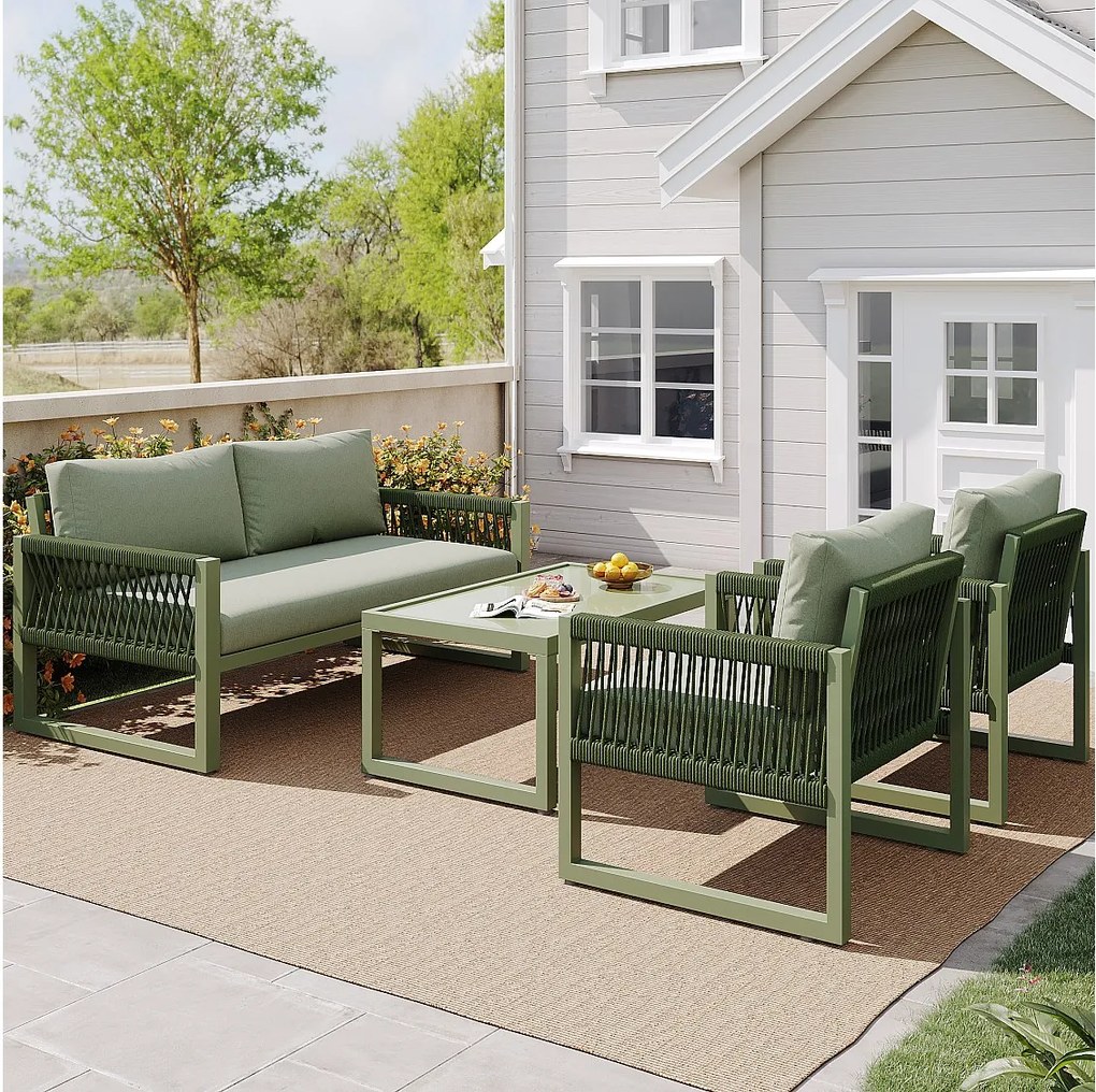 Zestaw mebli ogrodowych z ocynkowanego żelaza - sofa 2-osobowa, 2 fotele i stolik kawowy - Zielony