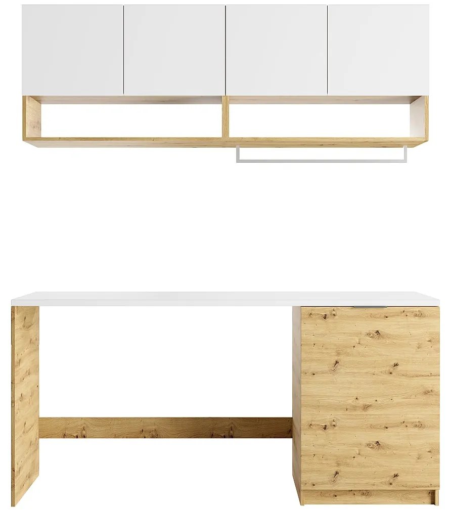 Zestaw mebli do pralni do zabudowy pralki z blatem - szer. 180 cm - Biały i naturalny jasny - NATAJI