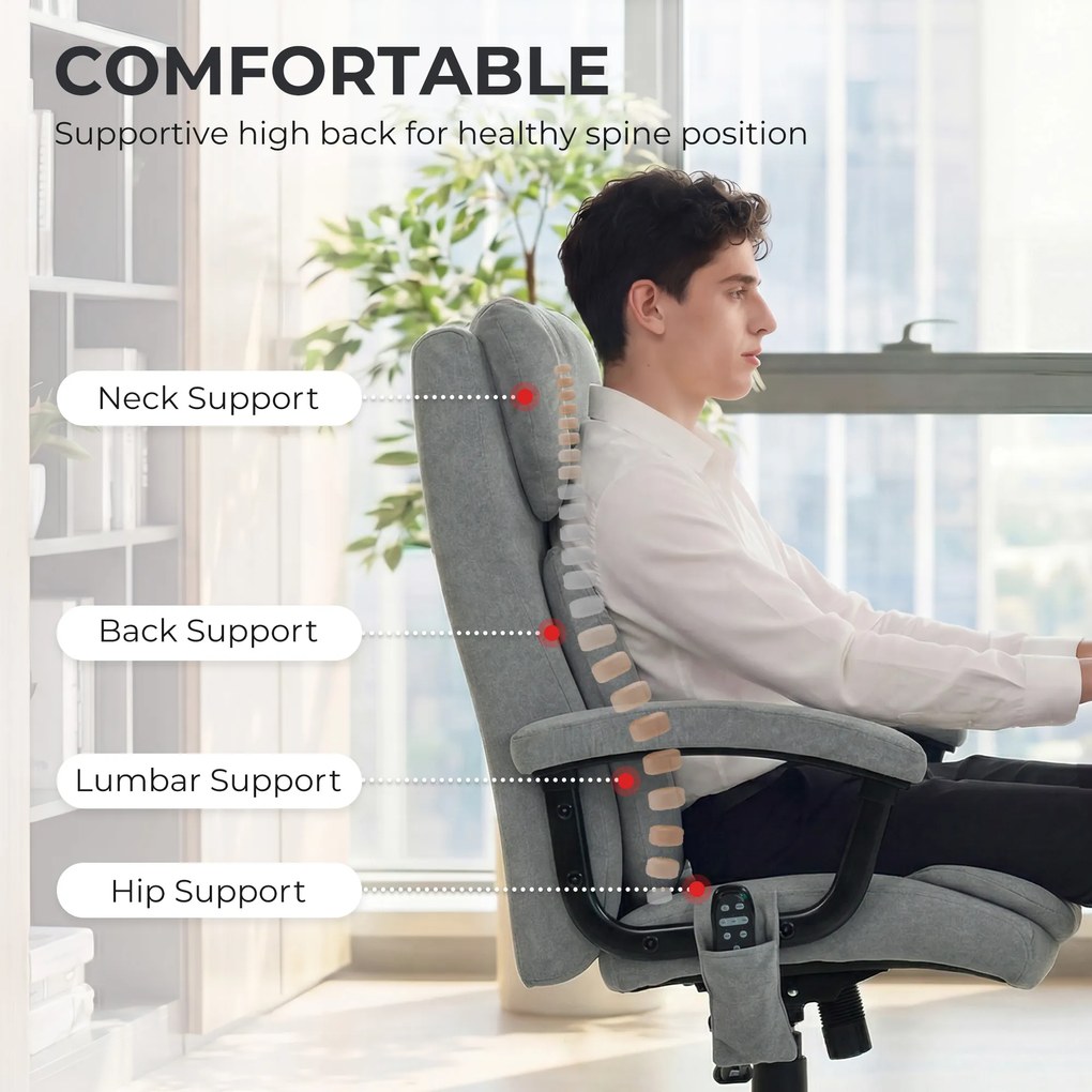 HOMCOM Ergonomiczny fotel biurowy z funkcją masażu, 4 punkty masażu, fotel z wysokim oparciem typu butterfly, szerokie siedzisko, szary aksamit | Aosom PL