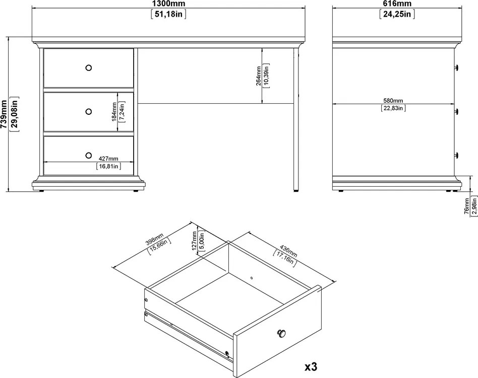 Biurko komputerowe Paris z 3 szufladami, kolor szary