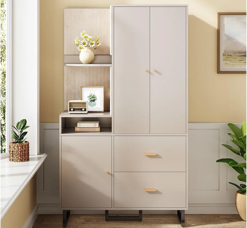 Zestaw na ubrania do przedpokoju 110x38x186 cm - 3 drzwi i 2 szuflady - Z wieszakami - Otwarte półki - Beżowy i szary