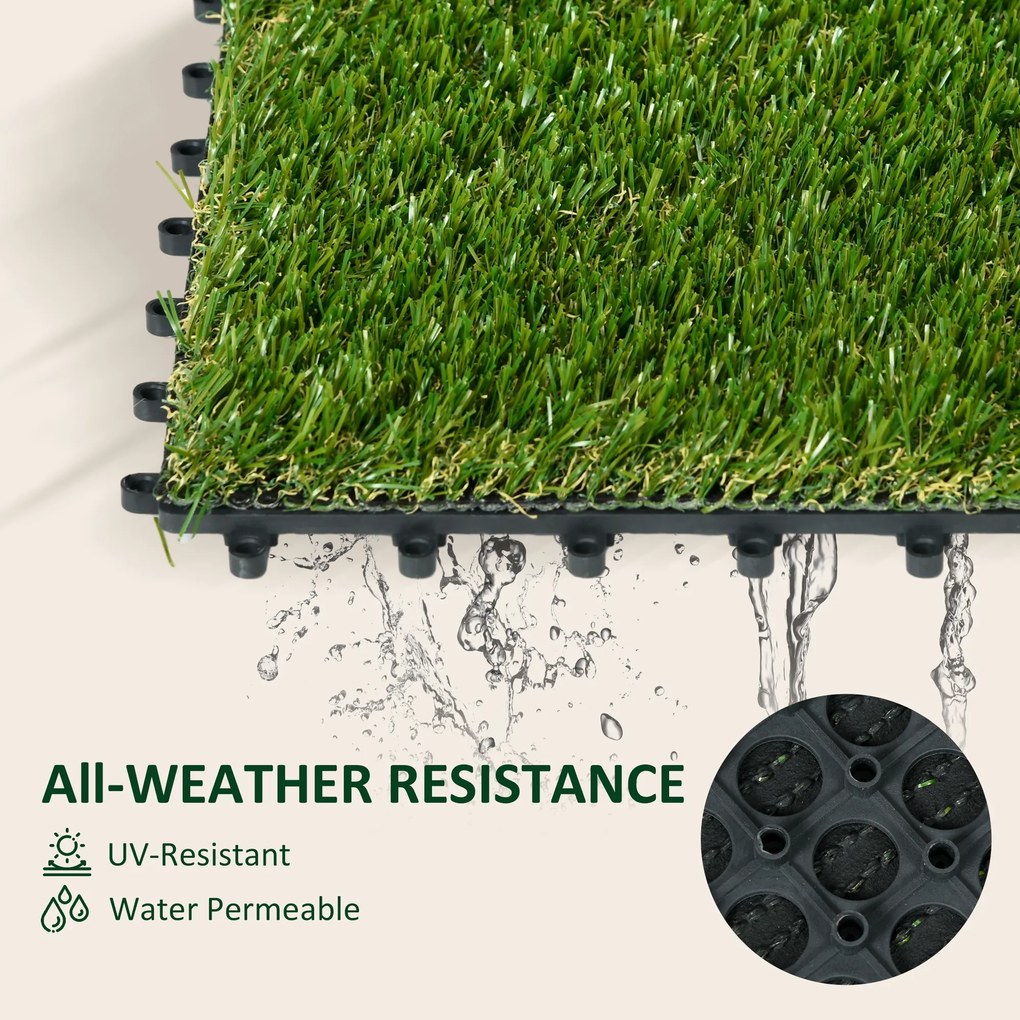 Outsunny 10 Sztuk Sztuczna Trawa 30 x 30 cm Maty Trawne Rolka Trawy Sztucznej 25 mm Plastikowa Ciemnozielona - Idealne do Ogrodu i Balkonu
