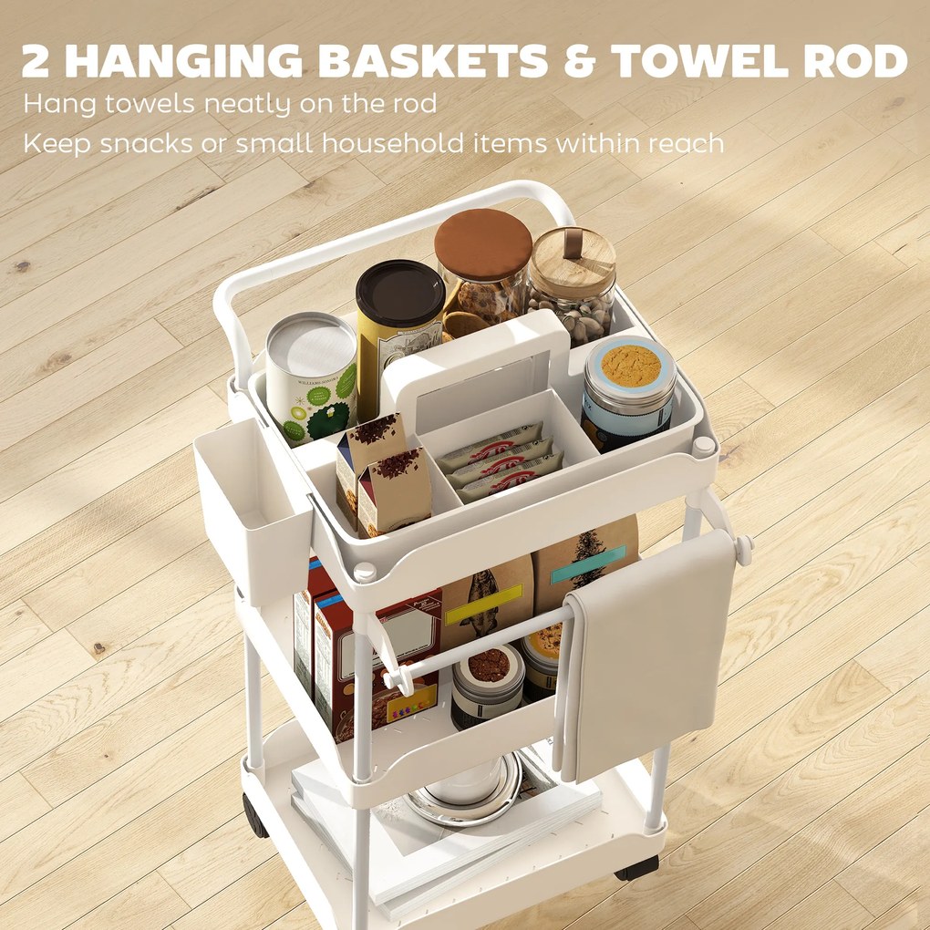 HOMCOM Wózek do przechowywania, 3 kosze, uchwyt na ręcznik, kółka, uchwyt, metalowa rama, Biały