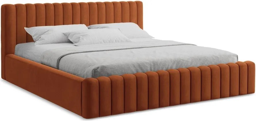 Tapicerowane łóżko dwuosobowe ze schowkiem ze stelażem 160x200 cm w kolorze terakoty Lemi – Makamii