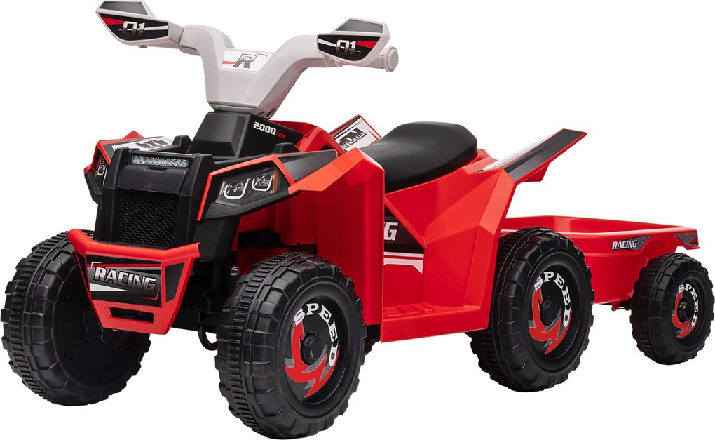 HOMCOM Elektryczny Quad dla Dzieci z Przyczepką, 2,5 km/h, do 50 Minut Jazdy, dla Dzieci 1,5-3 Lata, do 25 kg, Czerwony
