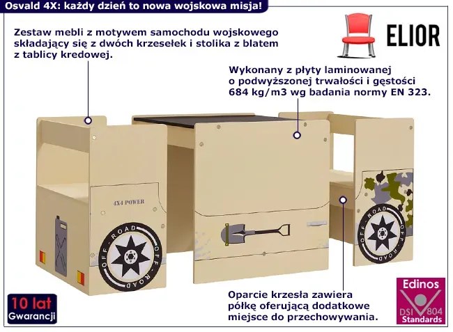 Stolik z krzesełkami dla chłopca na kształt wozu wojskowego M9-S09