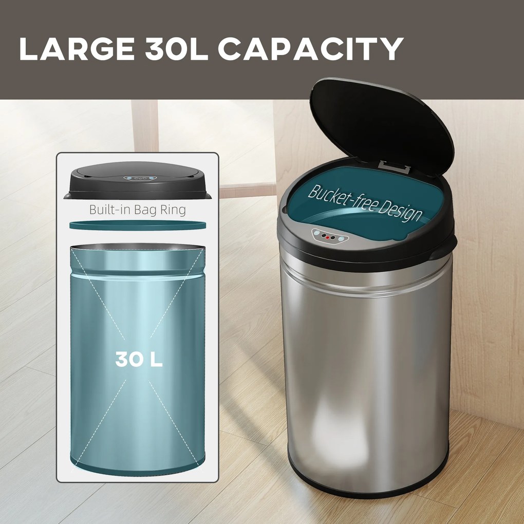 HOMCOM 30 L Kosz na śmieci z czujnikiem z funkcją Soft-Close, bezdotykowy kosz na odpady ze stali nierdzewnej do higienicznych kuchni