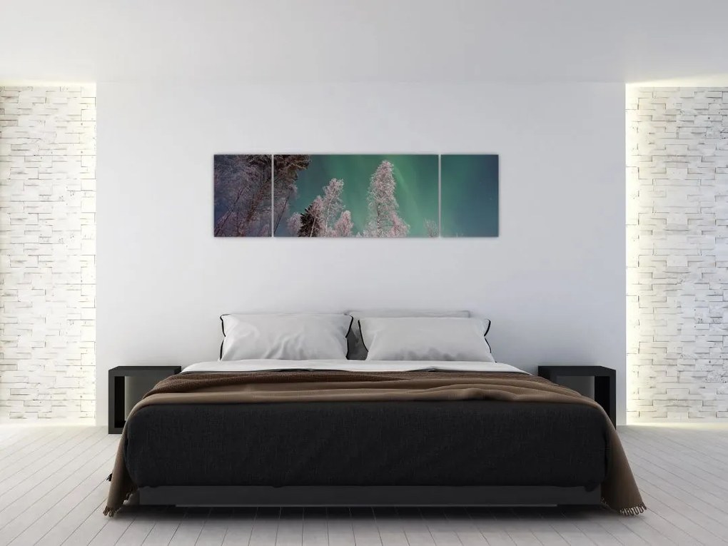 Obraz zorzy polarnej nad zamarzniętymi drzewami (170x50 cm)
