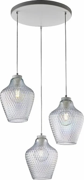 Lampa wisząca Maya z białego lakierowanego żelaza, regulowane kable, przezroczyste klosze z dmuchanego szkła z reliefem, nowoczesny styl, 3 światła