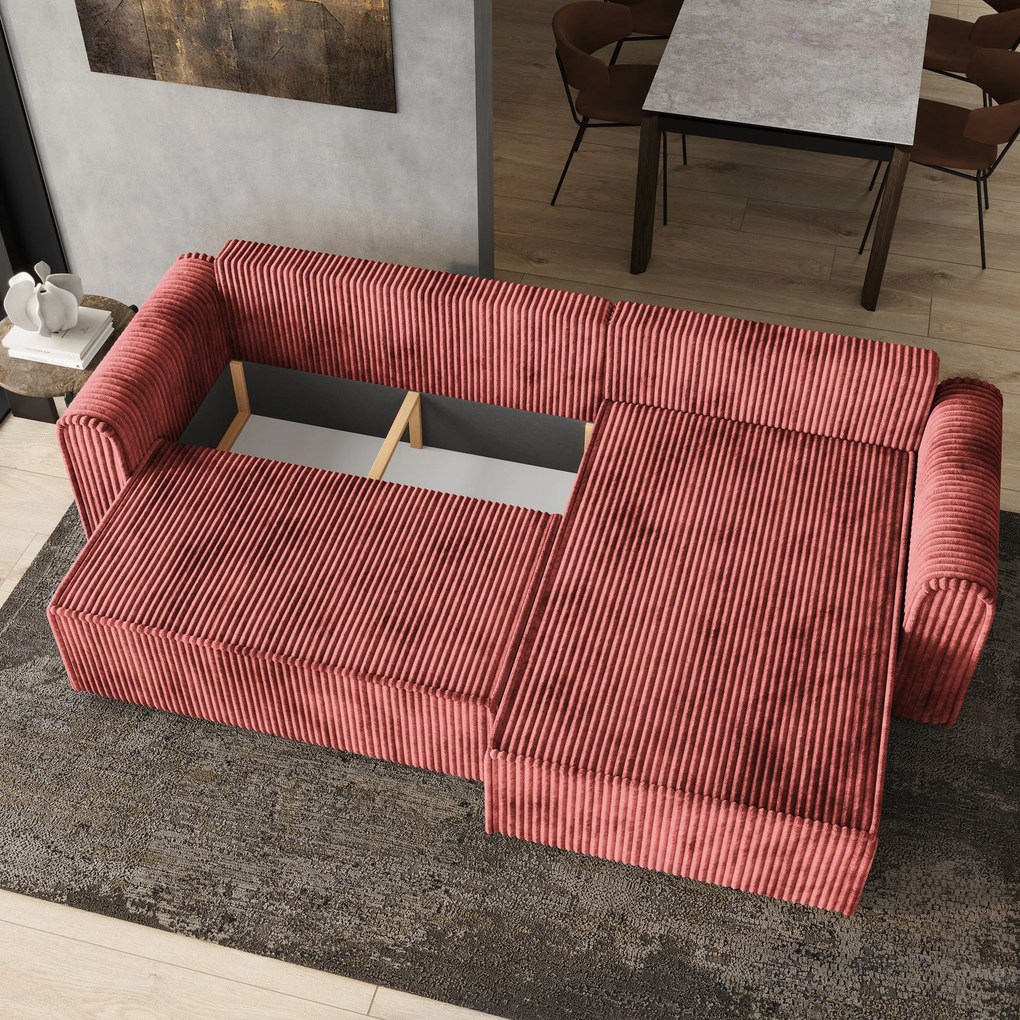 Masseno Narożnik VALTINO z funkcją spania i pojemnikiem na pościel Narozniki L, Rozkładana sofa - Pudrowy róż, TILIA 62