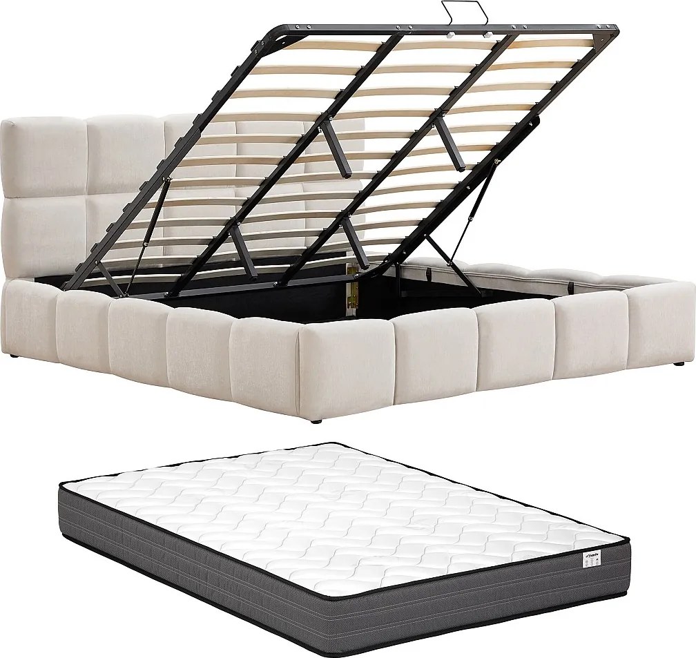 Łóżko ze skrzynią 180 x 200 cm – Tkanina – Beżowe + Materac - DILUDO