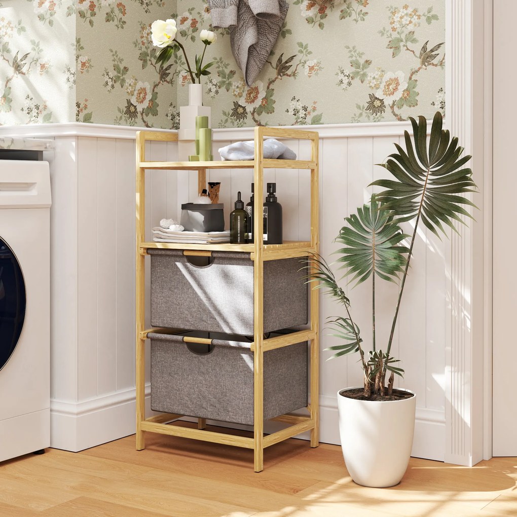 HOMCOM Regał na Pranie z Bambusa, z 2 Koszami na Tkaniny, Otwarte Półki, Oszczędzający Miejsce, Drewno Naturalne