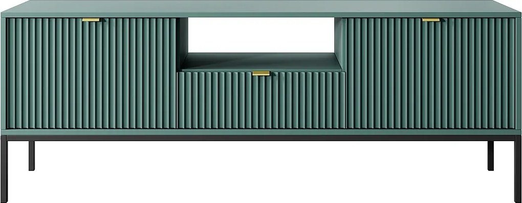 Szafka RTV: 1 szuflada, 2 drzwi, labrador, czarna, 154 x 56 x 39 cm, złote uchwyty