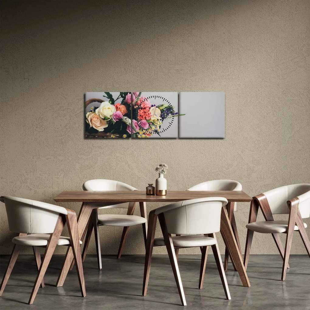 Obraz kosza z kwiatami (z zegarem) (90x30 cm)