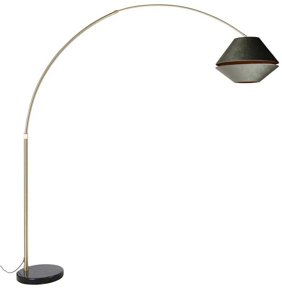 Mosiężna lampa łukowa z czarnym i podwójnym aksamitnym abażurem zielonym - XXL