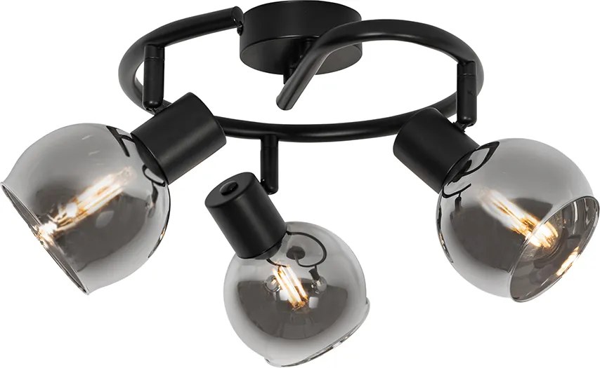 Lampa sufitowa art deco czarna z przydymionym szkłem 3-punktowa okrągła - Vidro