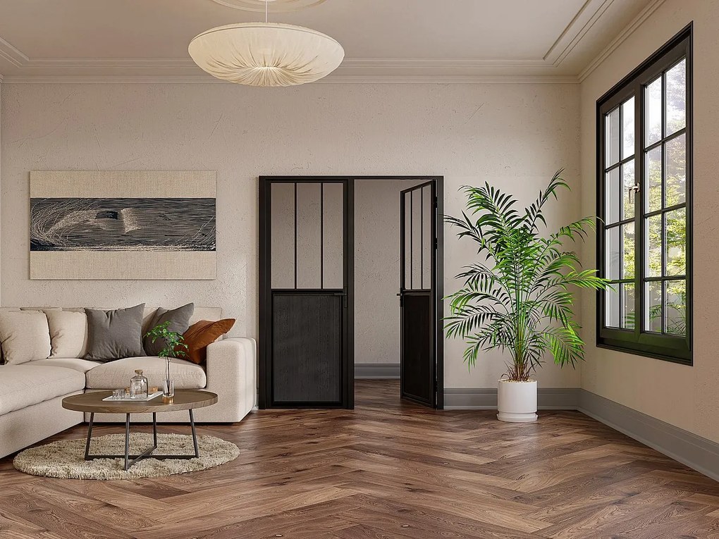 Drzwi kompletne 2-skrzydłowe dwustronne z aluminium i szkła hartowanego w stylu industrialnym - wys. 204 x szer. 146 cm - ERMELO