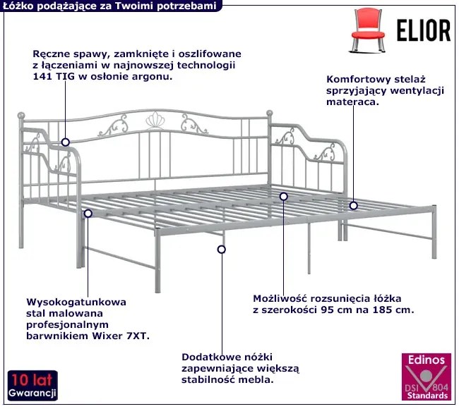 Szare rozkładane łóżko metalowe 90x200 cm Vaneo