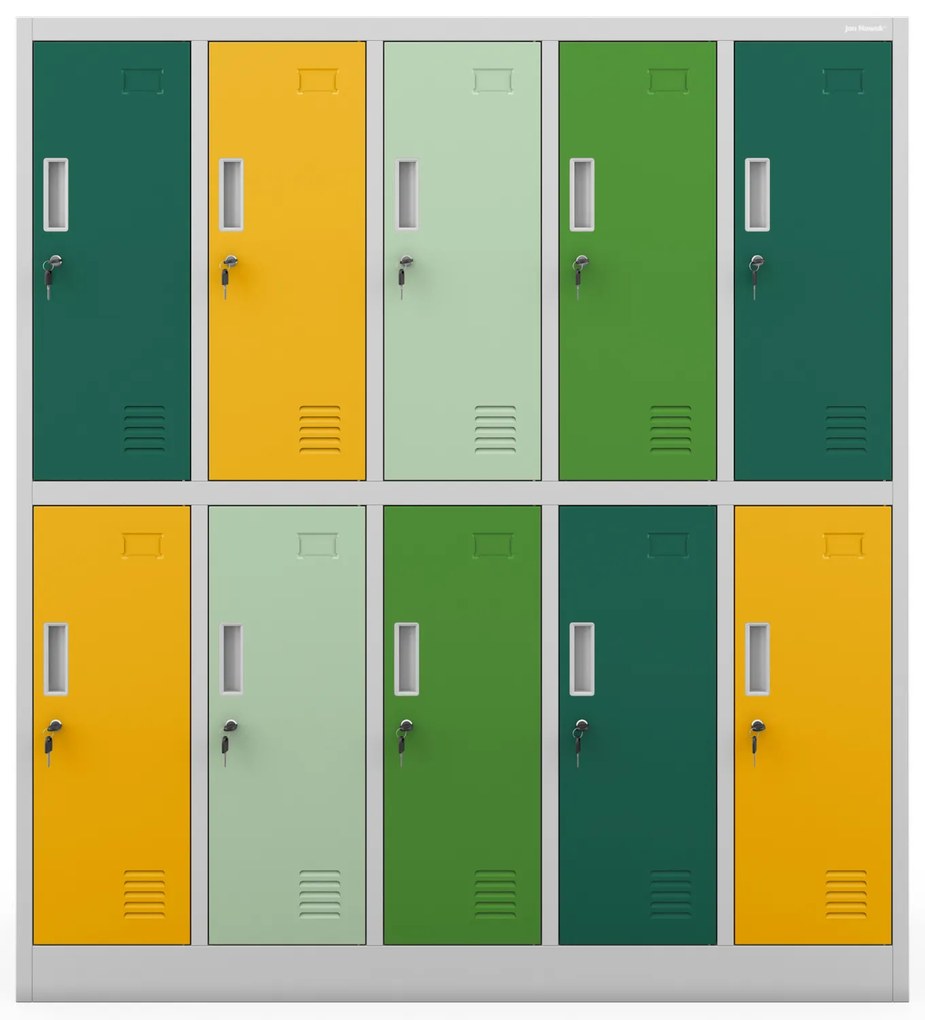 Szafka szkolna BHP szaro-wielokolorowa: 10-drzwiowa BARTUŚ, 1360 x 1500 x 450 mm