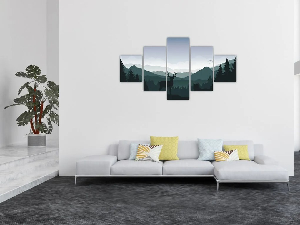 Obraz - Jeleń z wilkiem w skałach (125x70 cm)
