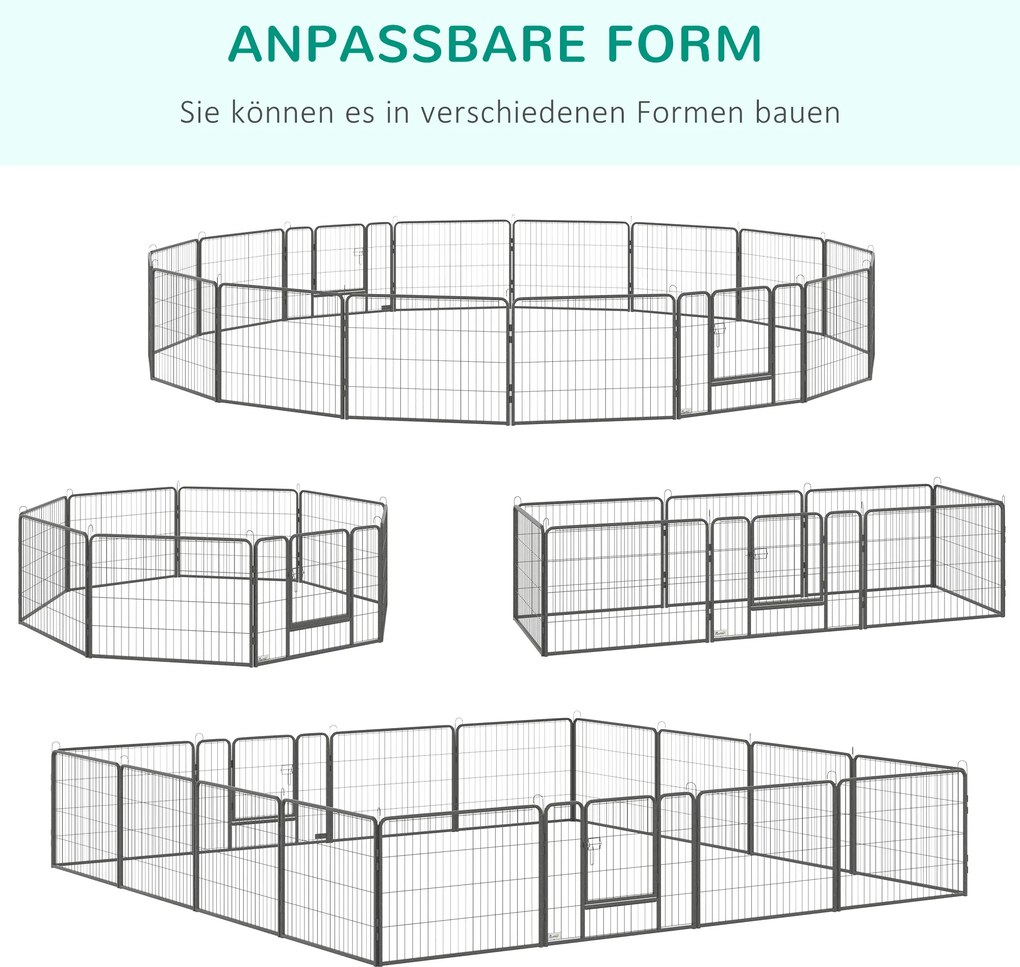 PawHut kojec dla psa, płot dla szczeniąt, dla psa na zewnątrz, krata z 2 drzwiami stalowo-szarymi, 16 segmentów 60 cm wysokości